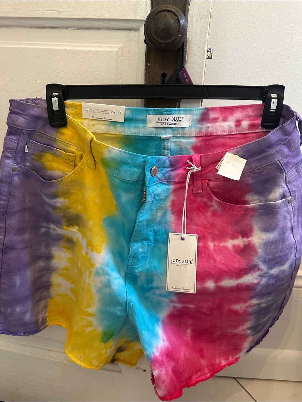 Judy Blue Tie-Dye Rainbow High-Rise Denim Shorts - Purple, Yellow, Blue, Pink